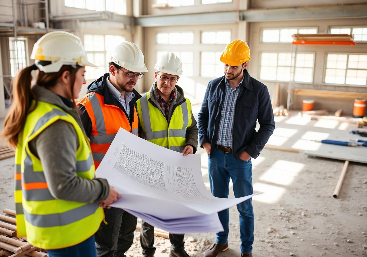 Acme Construction team reviewing blueprints
